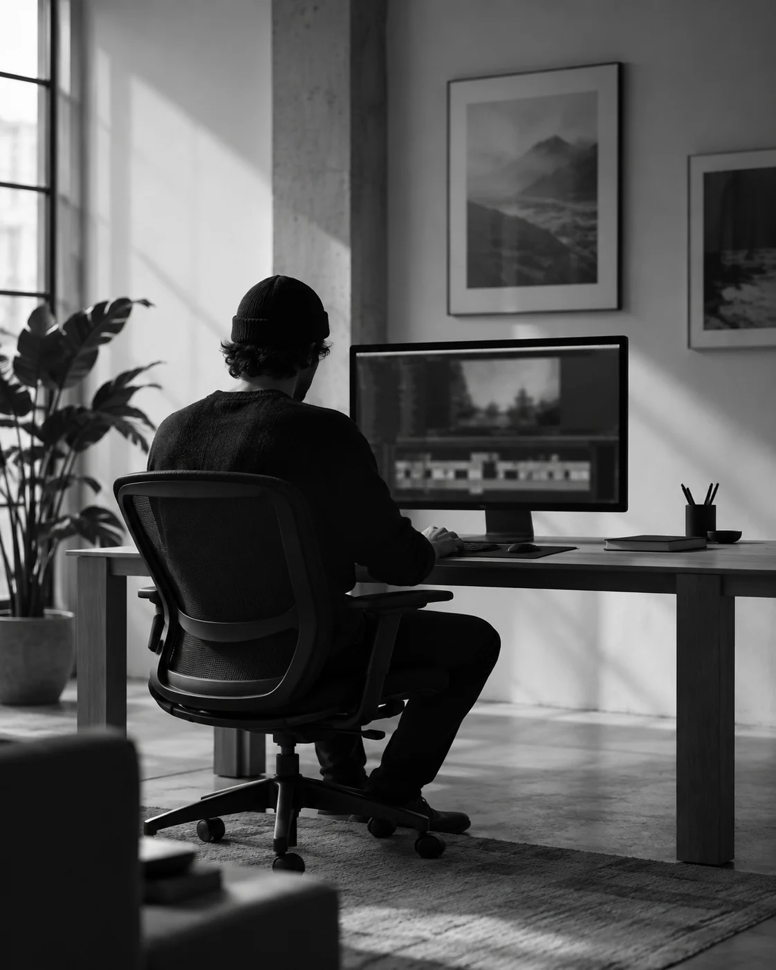 Editor shaping a long-form video at a studio desk